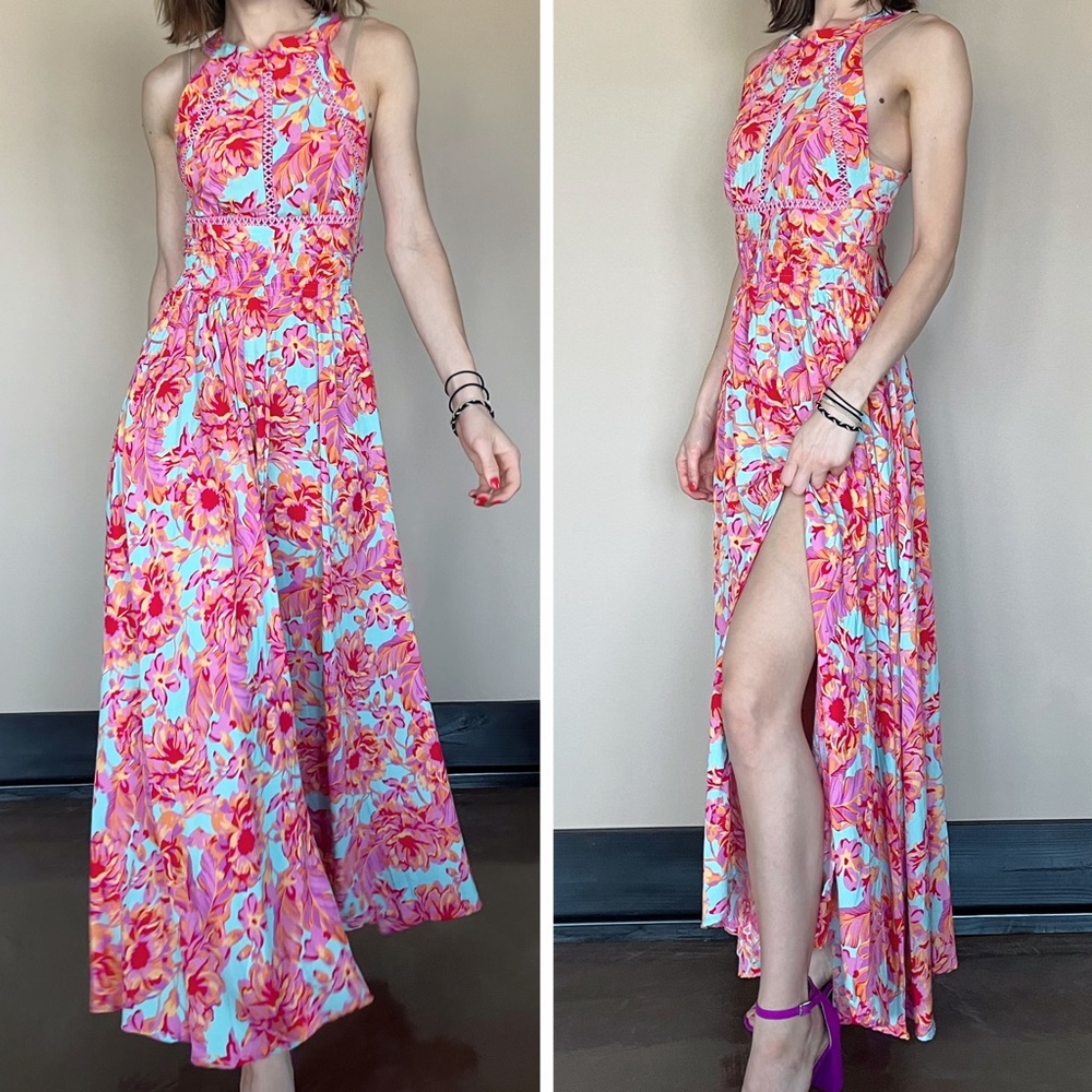 NWT ATL Abel the Label Anthro Anthropologie Rumi Halter Floral Maxi Dress Pink